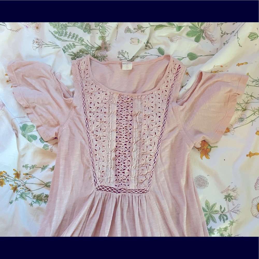 Soft pink babydoll dress with off the should sleeves